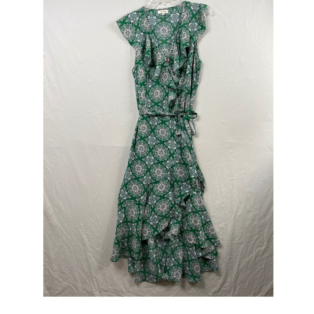 Max Studio Wrap Dress Womens Large Green Medallion Ruffle High Low Maxi Tile